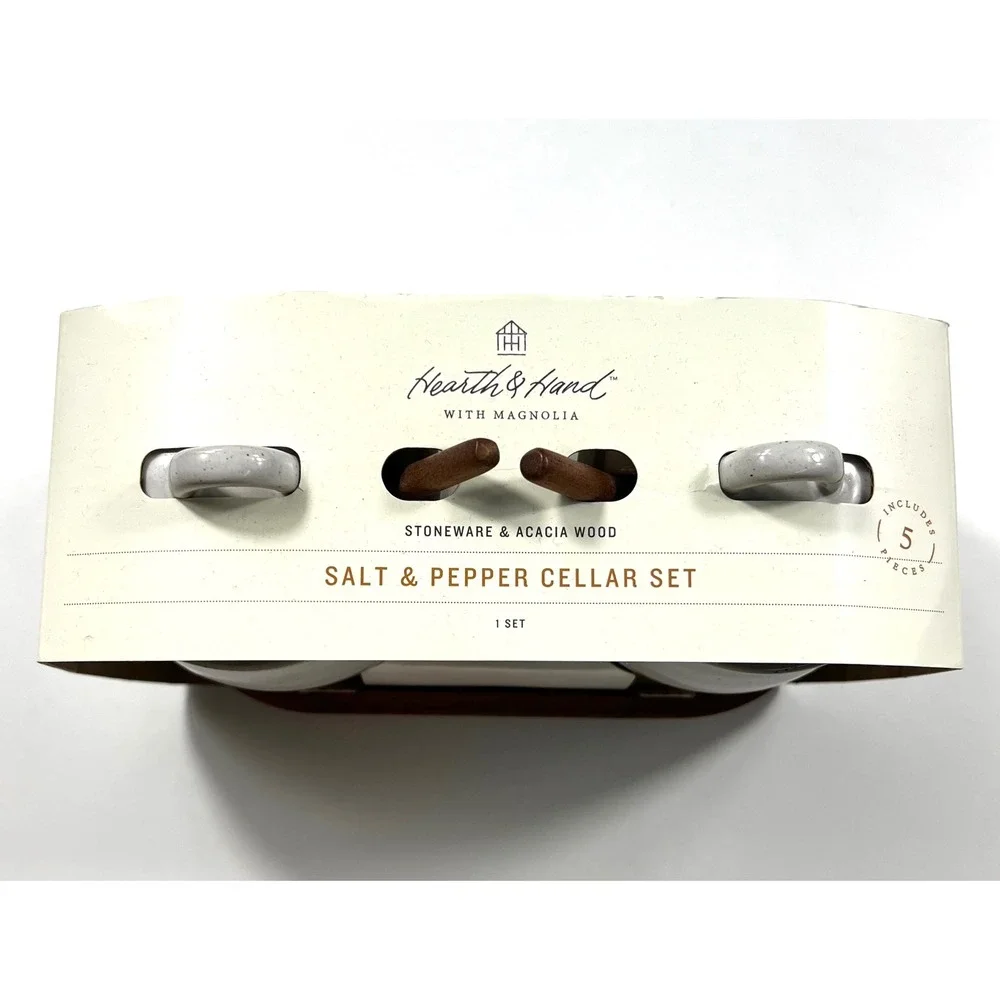 Hearth & Hand Magnolia Salt & Pepper Cellar Set White Stoneware Acacia Wood 5pc